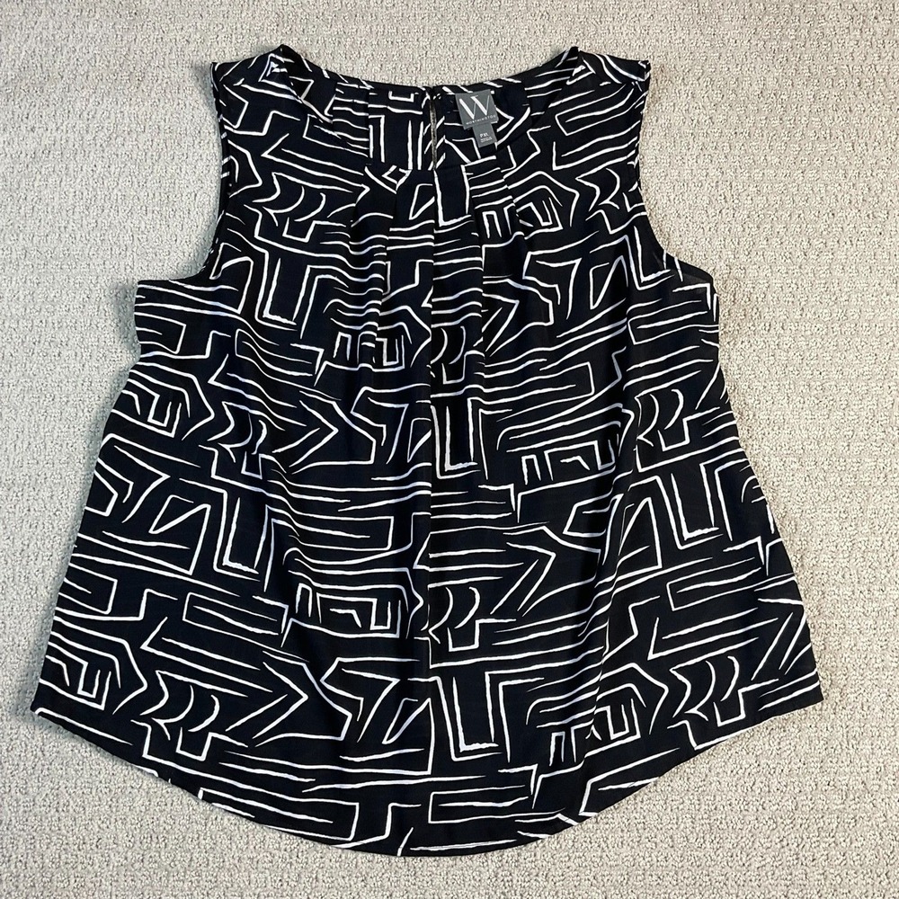 WORTHINGTON Women's Black White Geometric Print Sleeveless Pleated‎ Neck Top PXL
